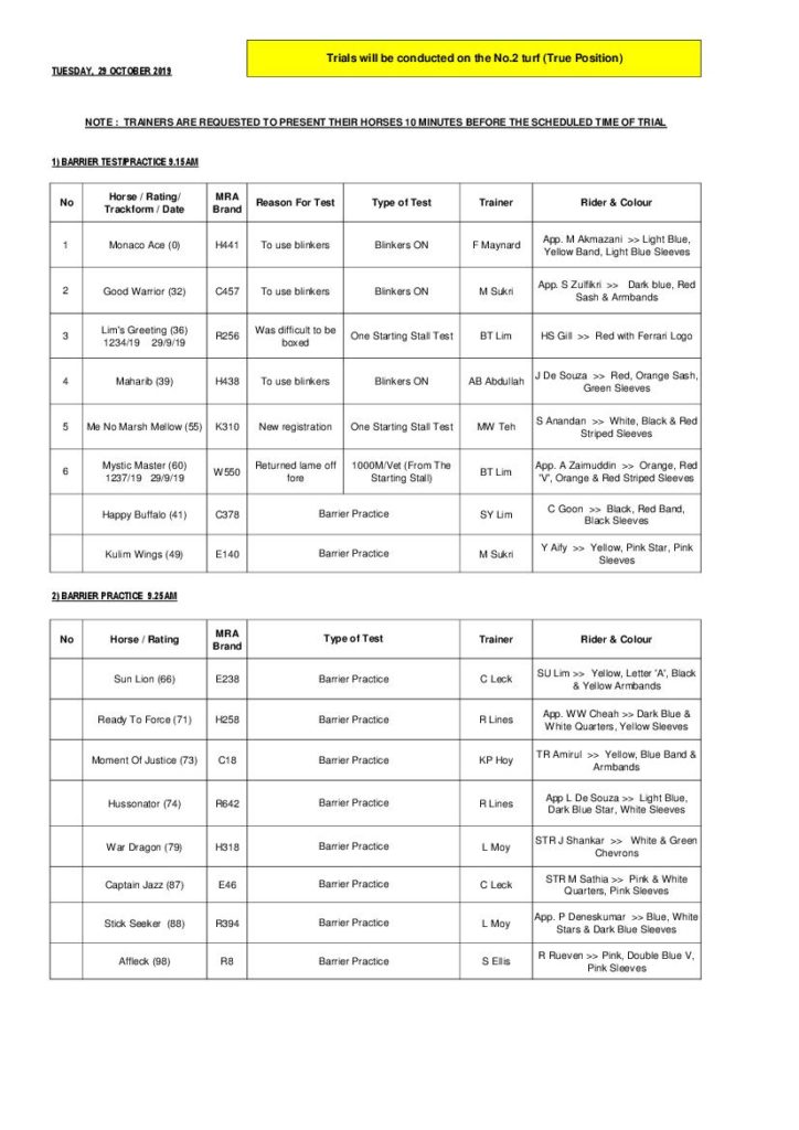 Trial Schedule  Selangor Turf Club